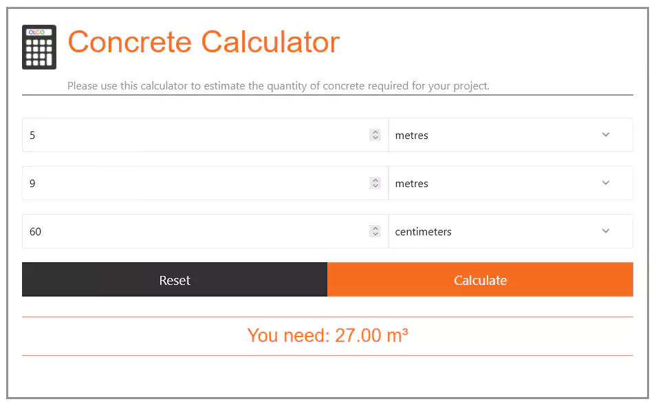 example concrete calculator result